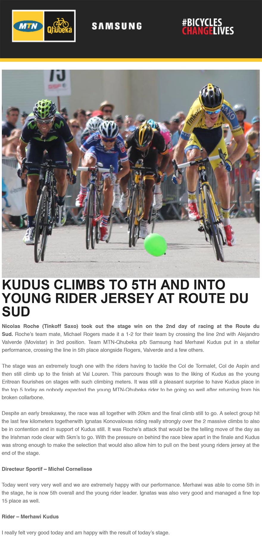 KUDUS CLIMBS TO 5TH AND INTO YOUNG RIDER JERSEY AT ROUTE DU SUD